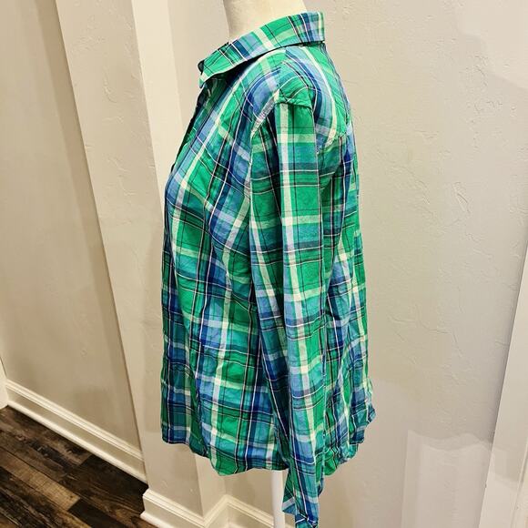 Talbots Women's Button Up Size Large Green Blue Plaid Long Sleeve Collared - Picture 3 of 6